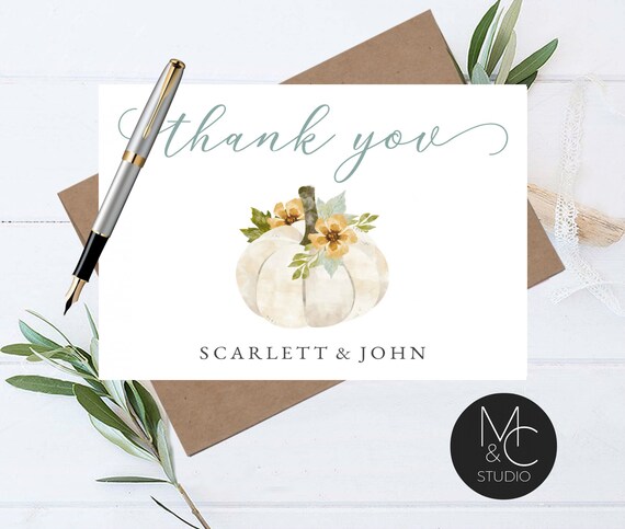 Fall Wedding Engagement Thank You Note Card, Thank You Pumpkin, Script font thank you, simple notecard, envelopes, bridal gift #1070 Il_570xn