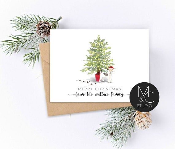 Wire Haired Fox Terrier, personalized Pet Christmas Greeting Card, Watercolor, Folded Note Card, Dog Lover, Holiday Card, Family Name Card Il_570xn