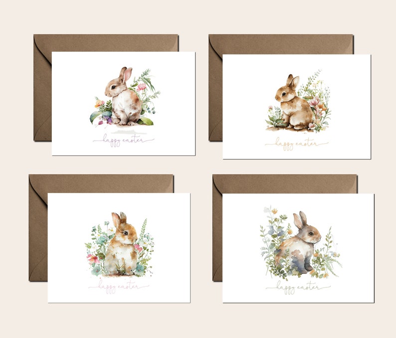 Easter Cards Set, Easter Bunny Watercolor card Pack, Happy Easter Cards, Greeting Card, Thinking of you, Greeting Card , Card set 1 image 1