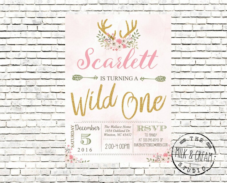 Pink Wild one Deer Antler Flowers First Birthday Party invite Gold Rustic Wood #2002 Arrow Hipster Adventure Girls Printable Printed