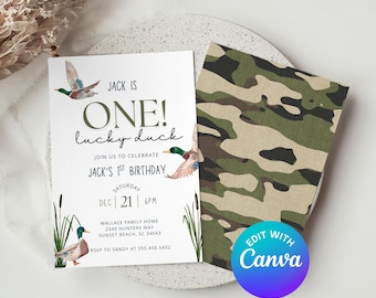 Mallard Duck Camo Birthday Invitation – Editable Canva Invite Template – One Lucky Duck