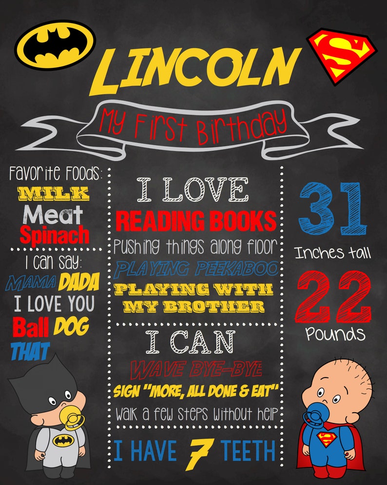 Photo Prop Comics Batman versus superman style Poster Sign Printable Baby Super Hero Vintage First Birthday Chalkboard Poster