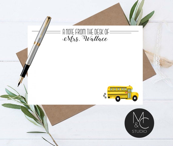 Teacher Personalized Note Card, Custom Teacher Name Stationery, School Bus From the desk of, Back to School Notecard, new teacher gift Il_570xn