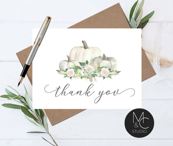 Fall Wedding Engagement Thank You Note Card, Thank You Pumpkin Succulents, Script font thank you, simple notecard, envelopes, bridal gift Il_570xn