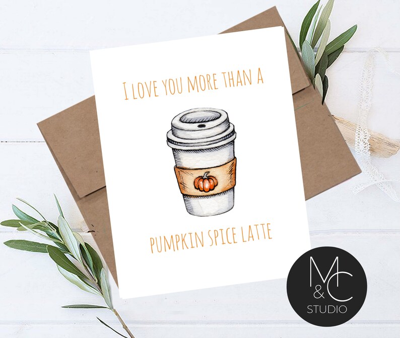 Girlfriend #50 Wife Funny Birthday Card Husband Kraft envelope Coffee Lovers I Love you more than pumpkin spice latte Boyfriend