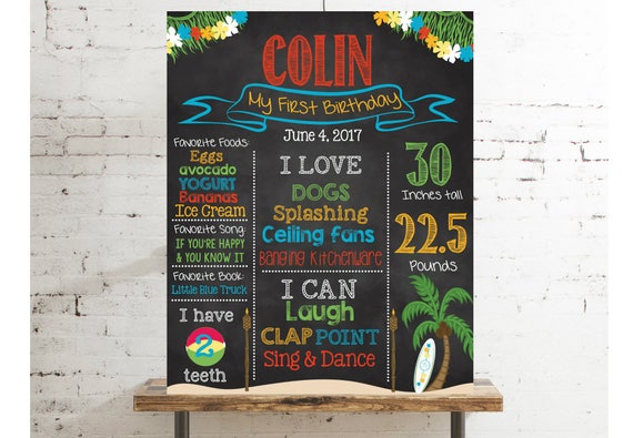 First Birthday Chalkboard -Luau Hawaii Tropical Beach Party Poster Sign, Summer Birthday Pool Party Printable File, Photo Prop #2026 Il_570xn