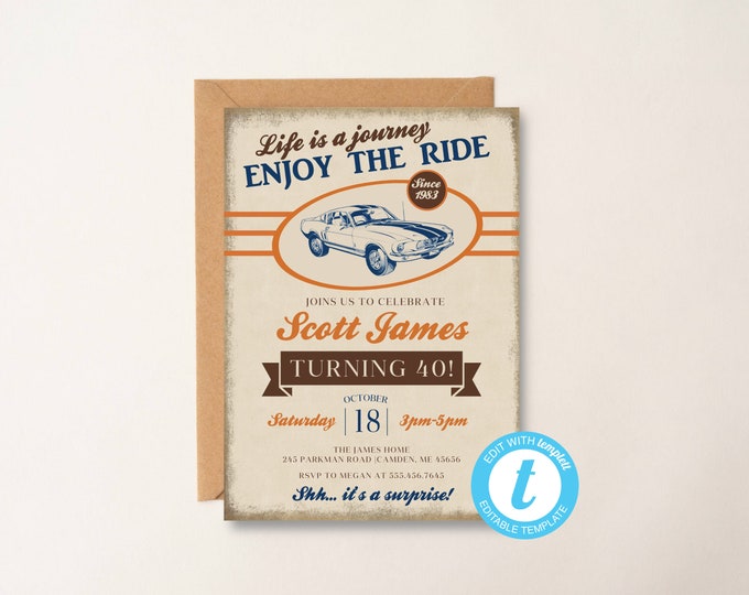 Editable, Mens Vintage Mustang Birthday Invitation, Life is a journey, Vintage Party Invite, Turning 40, Mens Birthday invitation