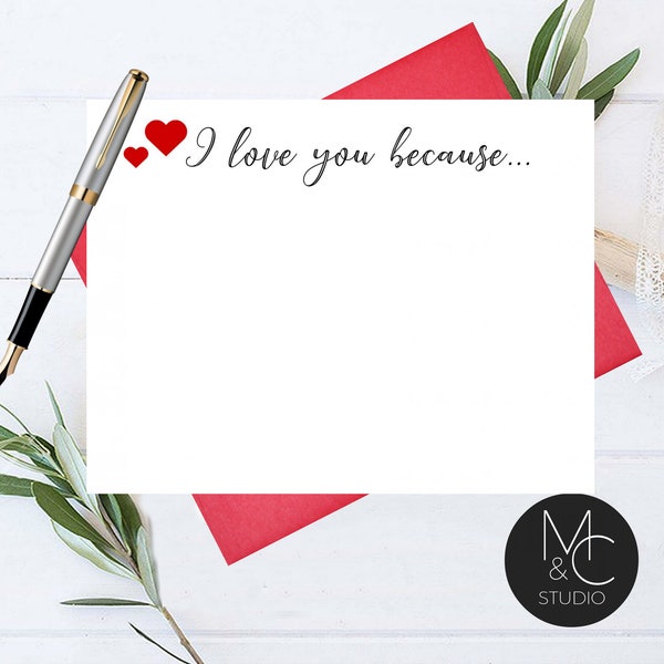 Heart Personalized Note Card Set, Stationary Cards, Monogram Valentines Day Gift, Script Font, I love you because note cards, husband, wife,