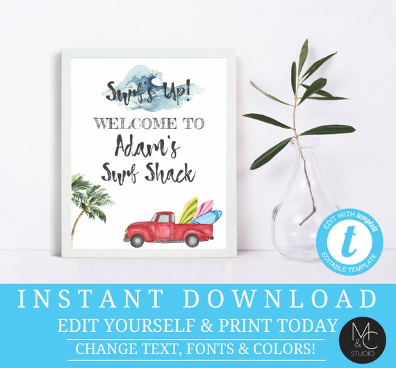 Party Welcome Sign Editable surfs up beach hawaii surfboard birthday summer pool party vw van wave Printable, Instant Download, Templett Il_570xn