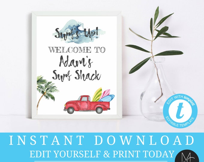 Party Welcome Sign Editable surfs up beach hawaii surfboard birthday summer pool party vw van wave Printable, Instant Download, Templett