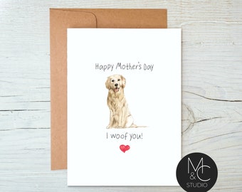 Golden Retriever Puppy Dog Card with Kraft Envelope,Mothers Day, Blank Note Card, Dog Lover, Card from Dog, I woof you, Mom, Simple Card