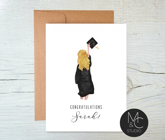 Personalized Graduation Card, Class of 2021 with Kraft Envelope, Custom Hair Color, Watercolor Graduation Girl Card, Custom Name, Skin Color Il_570xn