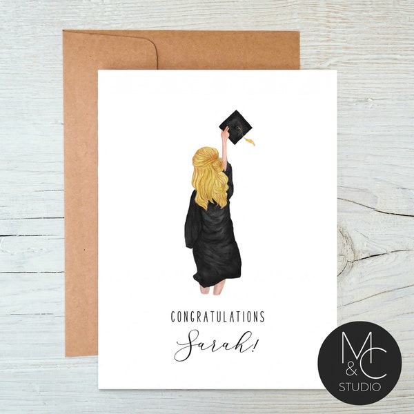 Personalized Graduation Card, Class of 2021 with Kraft Envelope, Custom Hair Color, Watercolor Graduation Girl Card, Custom Name, Skin Color