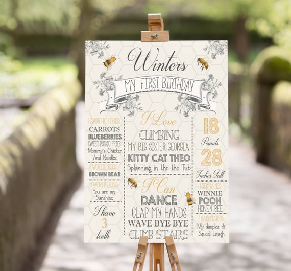First Birthday, Honey Bee, Bumble Bee, Printable Poster, Birthday poster, Milestones, girls birthday, Personalized, Photo Prop, Wildflower Il_570xn