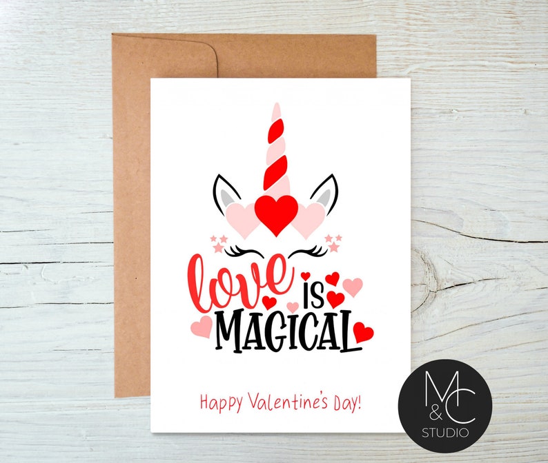 Unicorn Valentine, Magical Valentine's Day, personalized Valentine Greeting Card, Folded Card, Cute, Class Valentine, Girls Valentine image 1