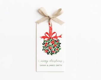 Watercolor Mistletoe Personalized Christmas Gift Tags, Printed and Shipped