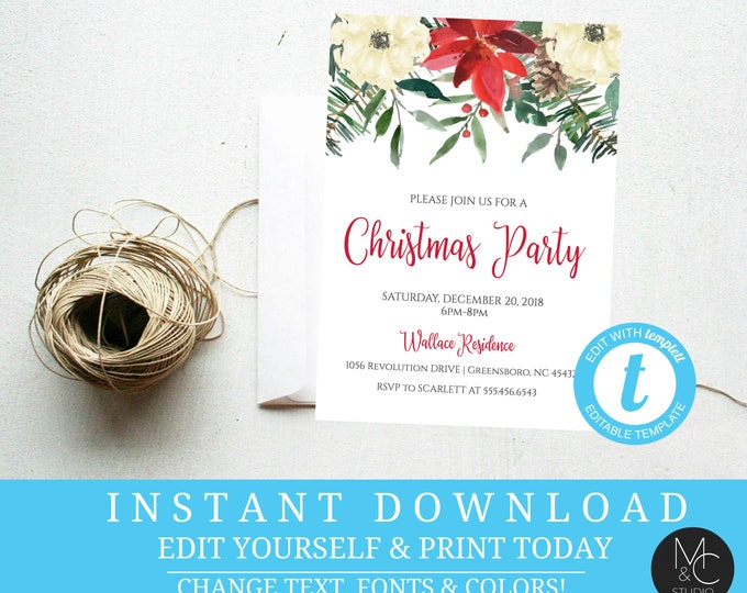Watercolor floral evergreen pine cone holiday christmas party invite, printable office party Editable, Template, Instant Download Holiday#T7