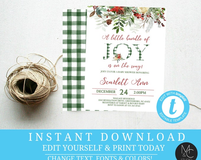 Baby Shower Winter Invite, Bundle of Joy Baby Shower Invitation, Christmas Greenery Baby Shower Invitation, baby shower, templett
