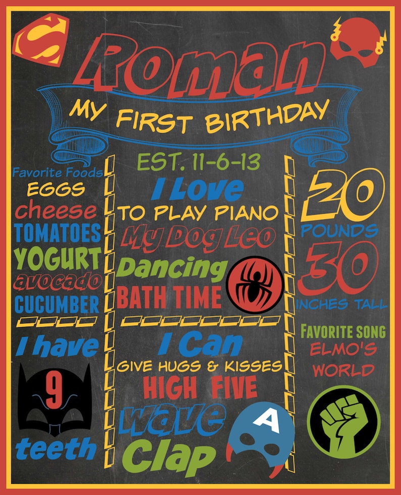 Super Hero Vintage First Birthday Chalkboard Poster- Batman Spiderman Boy Birthday Poster Printable Photo Prop Superman Poster Sign