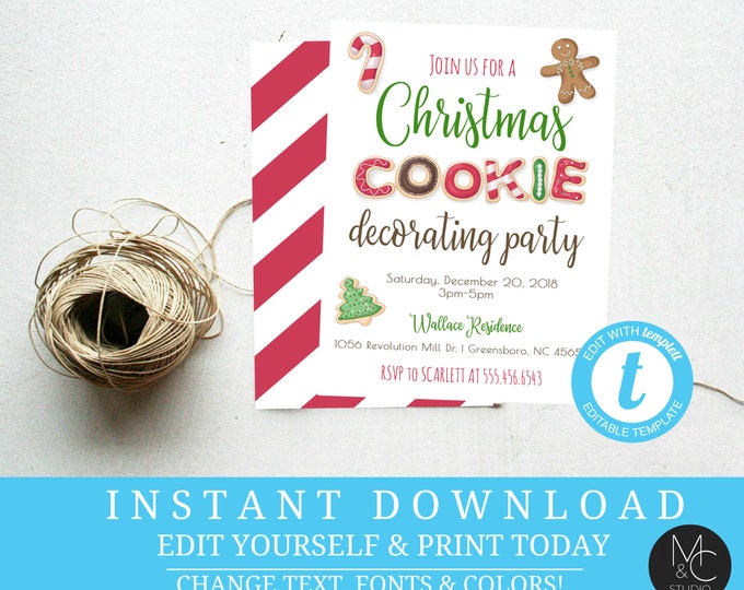 Christmas cookie invite, gingerbready, cookie party, cookie decorating holiday sugar cookie Editable, Template, Instant Download Holiday#T11