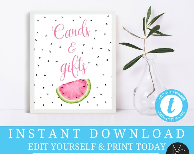 Watermelon Cards and Gifts Sign Editable  Girls First Birthday Summer birthday one in a melon Printable, Instant Download, Templett