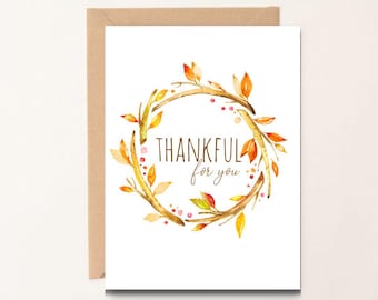 Fall Wreath Watercolor Card: Thankful Thanksgiving Card (PDF Download)