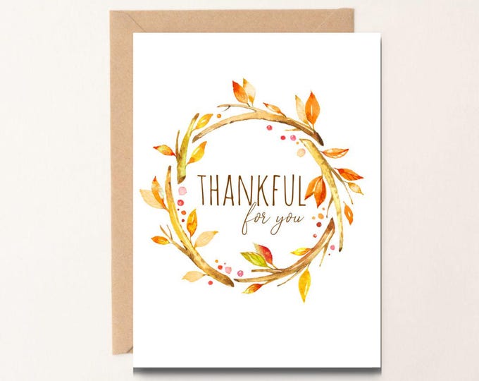 Fall Wreath Watercolor Card: Thankful Thanksgiving Card (PDF Download)