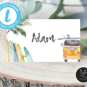 Surf Placecard DIY, Editable Place Card, Food Tent Card Folded, Surfs up summer beach surfboard vintage vw van Templett, Instant Download