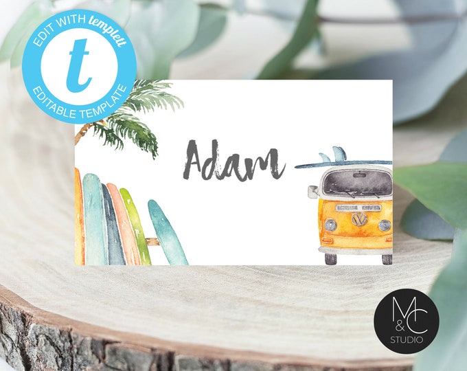 Surf Placecard DIY, Editable Place Card, Food Tent Card Folded, Surfs up summer beach surfboard vintage vw van Templett, Instant Download