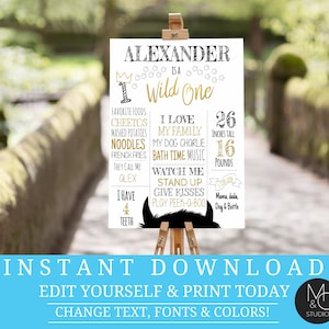 Wild One Birthday Poster Editable File Printable instant download Black Gold Wild Things First Birthday Milestone you edit Templett 16x20