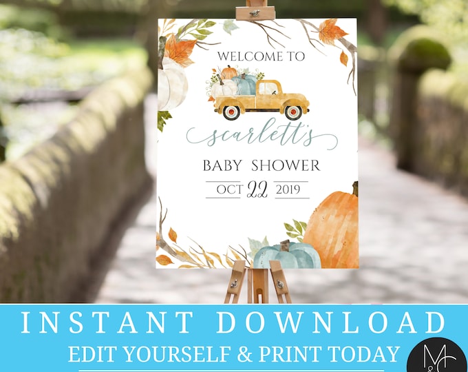 Welcome Sign Fall Vintage Red Truck Baby Shower Editable, Leaves Pumpkins watercolor Baby Shower, Fall in Love baby shower Templett, #1068