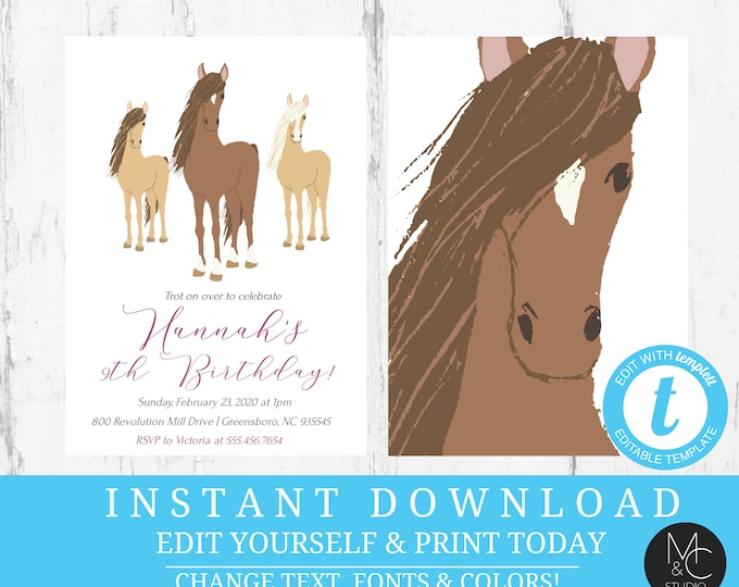 Horse Birthday Party Invitation, Girls Pony Birthday, Horse Lovers Birthday Invite, Editable, Template, Instant Download, Purple