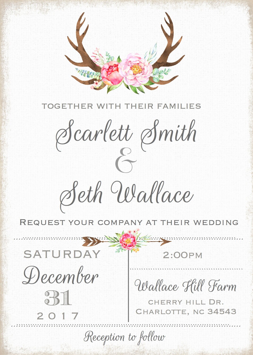 Wedding Invitation Antler Floral Watercolor Boho Country Barn