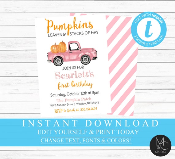 Pumpkin Pink Truck Girl Birthday Invitation, Autumn, Pumpkin Patch ...