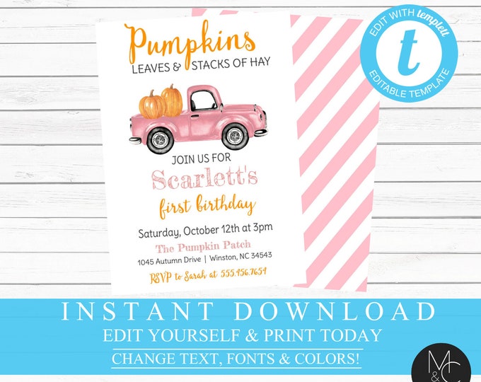Pumpkin Pink Truck Girl Birthday Invitation, Autumn, Pumpkin Patch, Fall Invitation, Editable, Template, Instant Download #2072