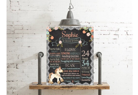 Pony Party First/Second Birthday Chalkboard Birthday Stats Poster - Flower Lace - Birthday Photo Prop, Horse Printable File Listing #2013 Il_570xn