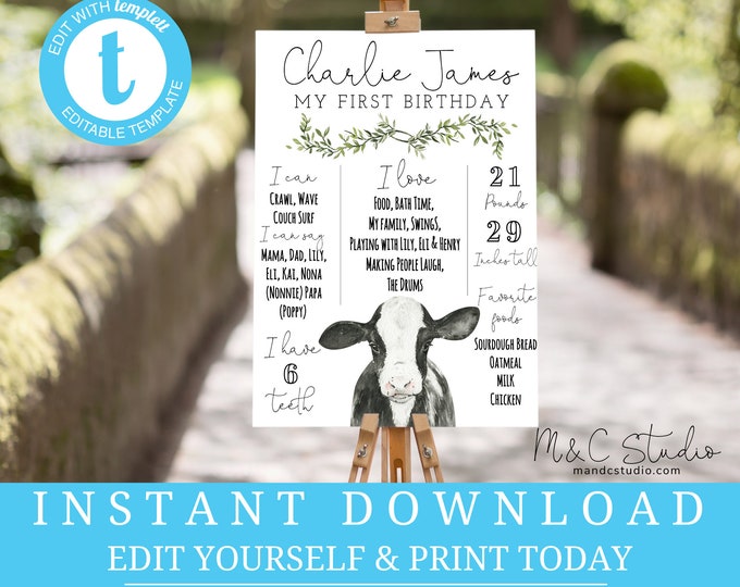 Holy Cow Birthday Poster Editable File Printable instant download Cow, Dairy, Barn First Birthday Milestone you edit Templett 16x20