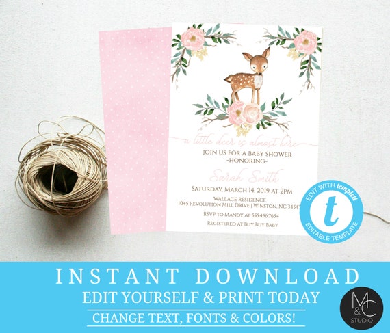 Woodland Pink Floral Baby Shower Invitation, Deer Owl Fox Greenery, Sweet little deer Editable, Template, Instant Download Baby Shower #T10 Il_570xn