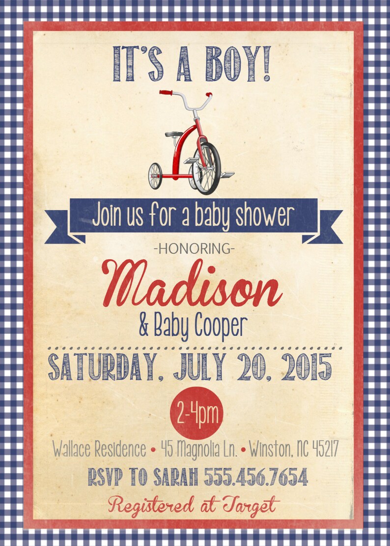 Vintage Red Tricycle Baby Shower Invite Invitation With Navy Etsy