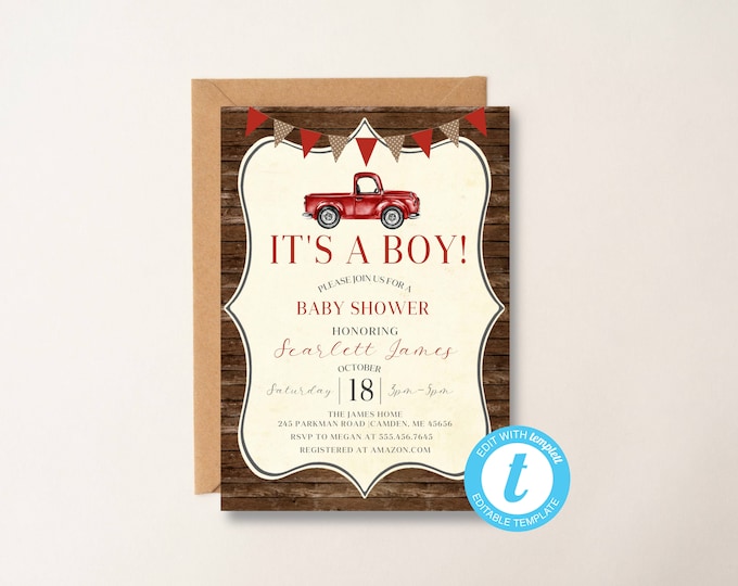 Red Truck Baby Shower Invitation: Vintage Rustic Invite (Digital File)