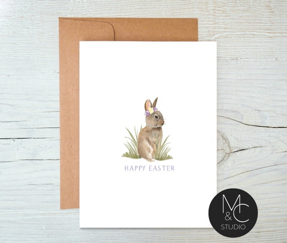 Easter Watecolor Bunny Rabbit Card, Blank Note Card, Floral Greeting Card, Thinking of you, Simple, Minimal Card #E12 Il_570xn