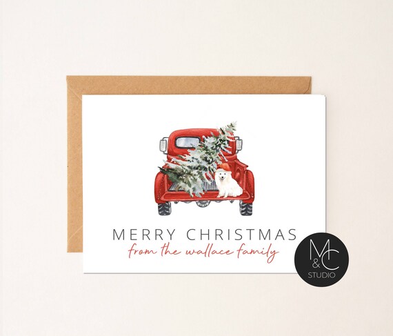 Japanese Spitz Dog, personalized Pet Christmas Greeting Card, Watercolor, Folded Note Card, Dog Lover, Holiday, Family Name Il_570xn