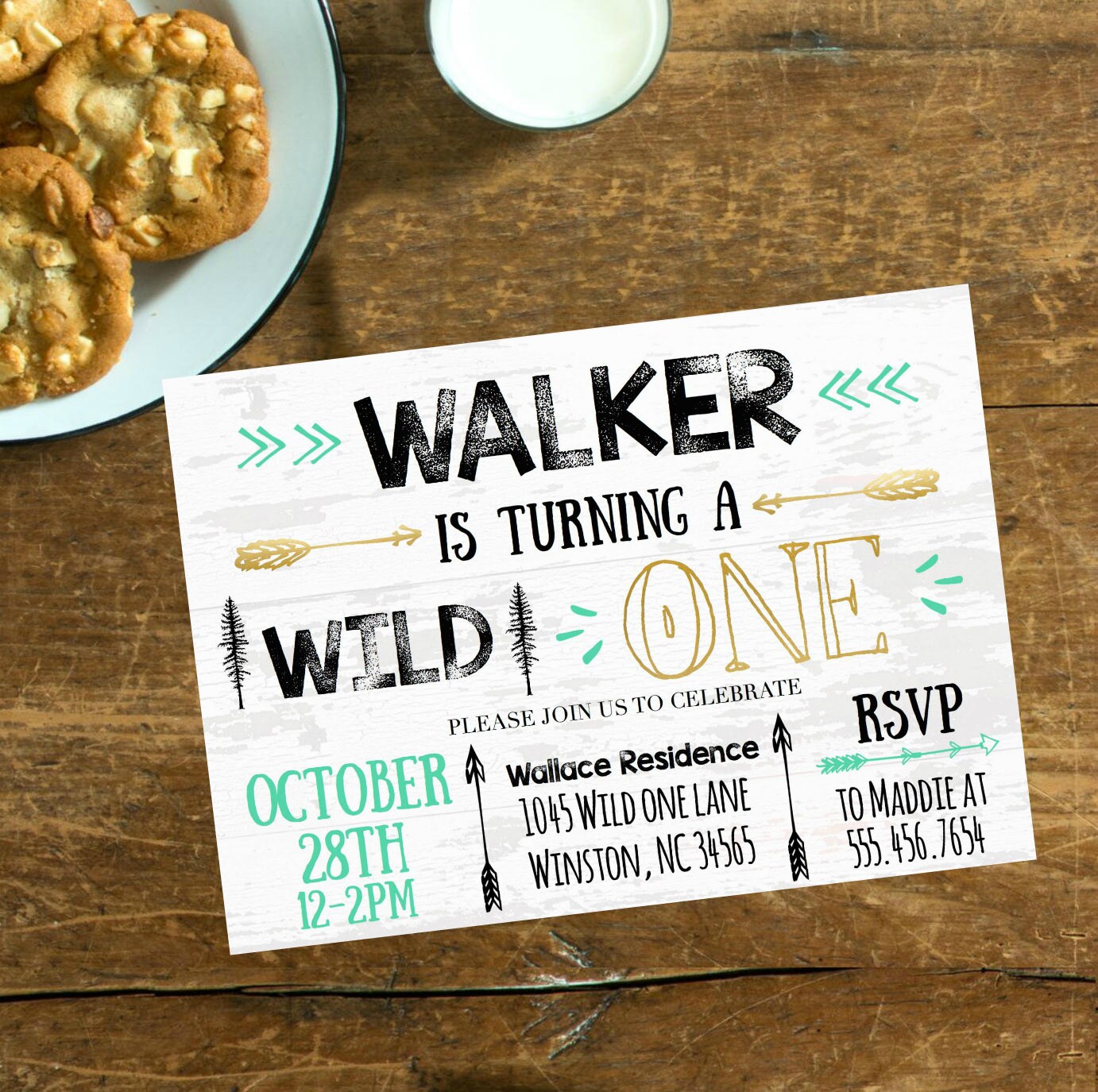 Pink Wild one Deer Antler Flowers First Birthday Party invite Gold Rustic Wood #2002 Arrow Hipster Adventure Girls Printable Printed