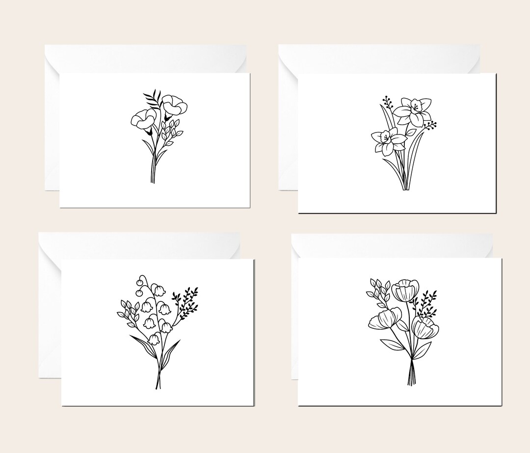 Flower Greeting Card Floral Black and White Card Pack - Etsy