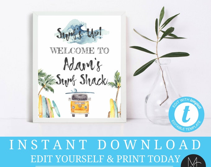 Party Welcome Sign Editable surfs up beach hawaii surfboard birthday summer pool party vw van wave Printable, Instant Download, Templett