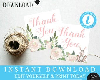 Favor Tag, Bunny Spring Baby Shower Floral Flower Editable Gift Tag, Pink Easter Printable Templett, Instant Download #T22