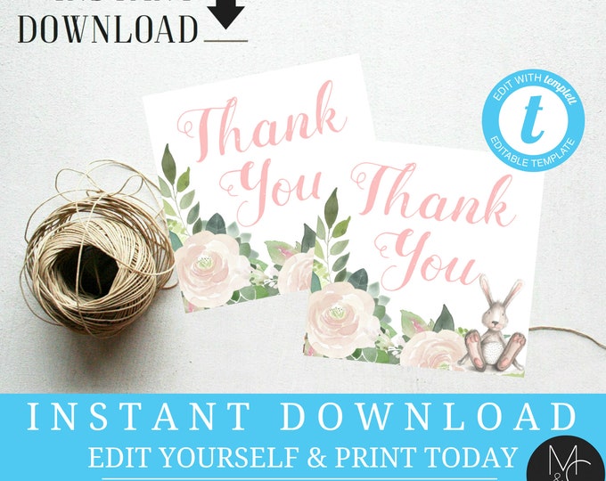 Favor Tag, Bunny Spring Baby Shower Floral Flower Editable Gift Tag, Pink Easter Printable Templett, Instant Download #T22