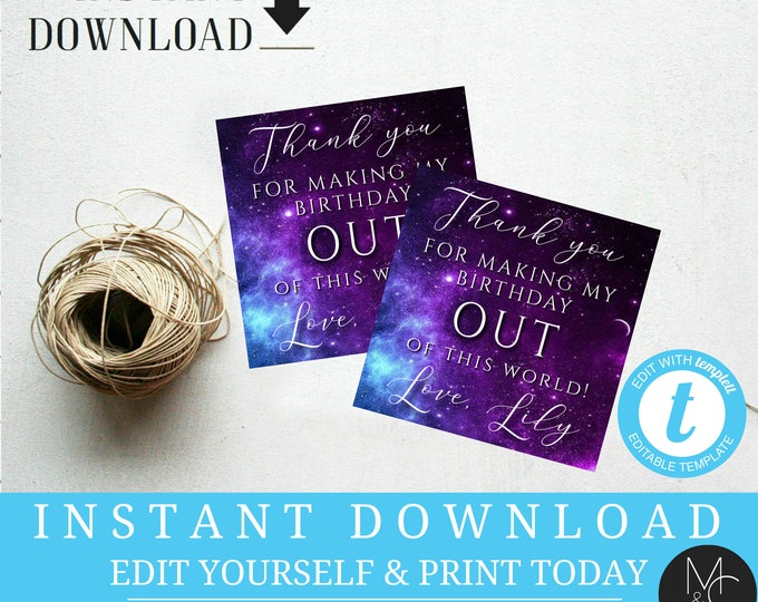 Favor Tag, square thank you  Galaxy Birthday, Out of this World, Under The Stars Girls Space Party Printable Templett, Instant Download