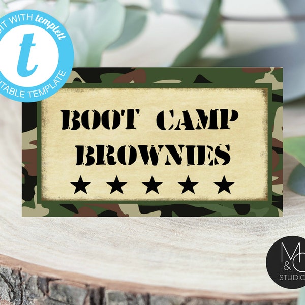 Army Food Tent Card  Placecard DIY, Editable Place Card Folded, Military Camo  Boys birthday Editable Templett, Instant Download