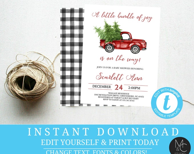 Baby Shower Winter Invite, Bundle of Joy Baby Shower Invitation, Christmas Greenery Baby Shower Invitation, baby shower, templett